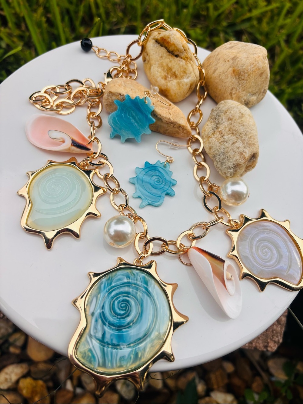 Gold Shell Charm Necklace with Blue and Pearl Accents with Acrylic earrings